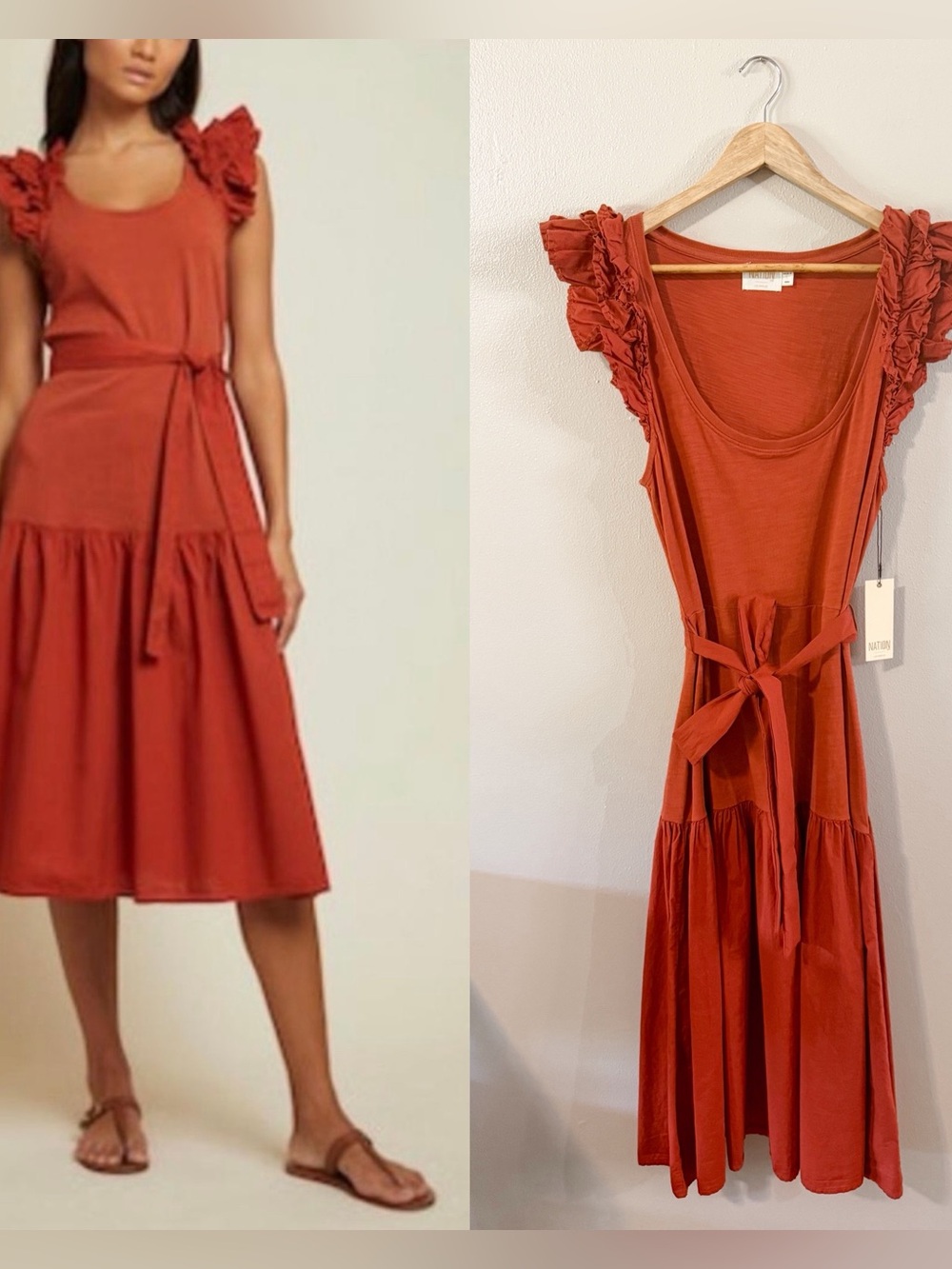 NEW | NATION LTD Everleigh Frilly Dress in Cayenne, NWT, Cotton, large